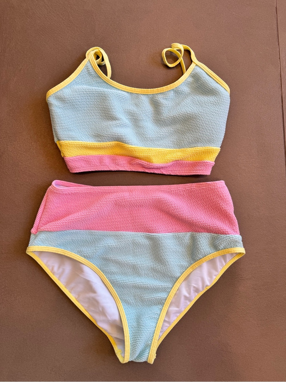 Womens Colorblock High-Waist Bikini Set - Yellow, Pink & Light Blue